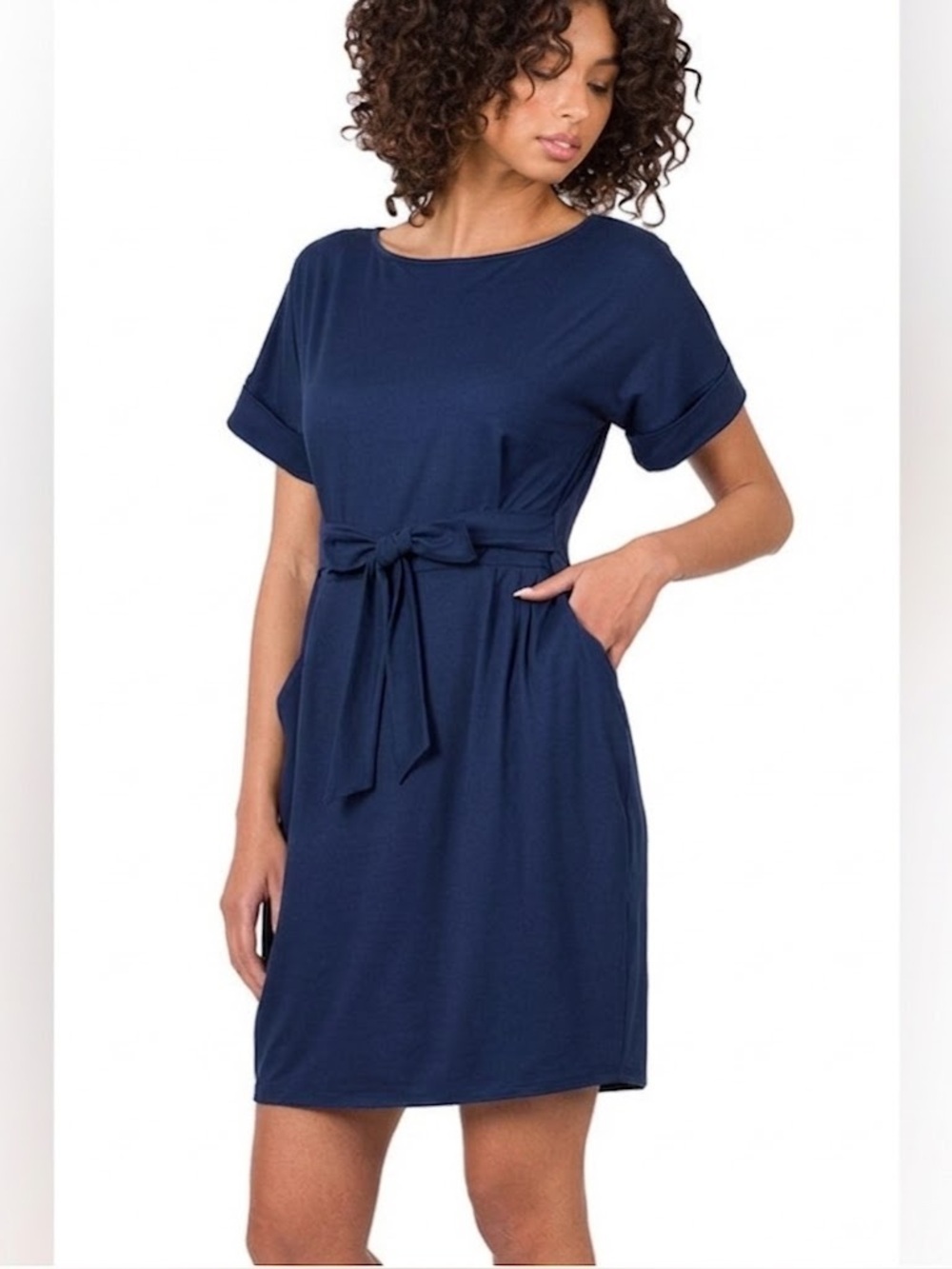 Zenana Navy Blue Tie-Waist Short Sleeve Dress, Size Large, Knit Short Sleeve